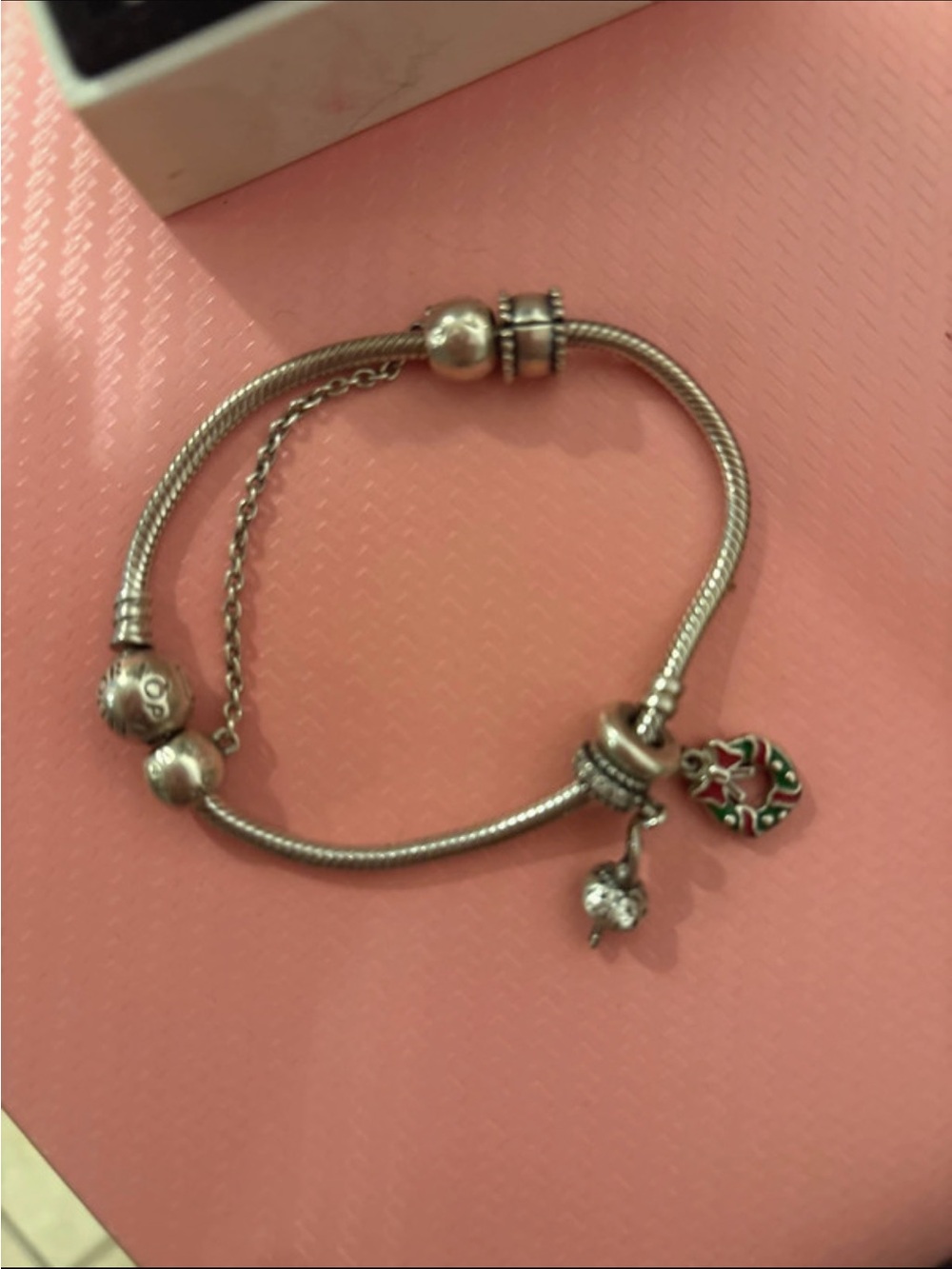 Pandora Silver Charm Bracelet with Red & Green Enamel Tree Charm